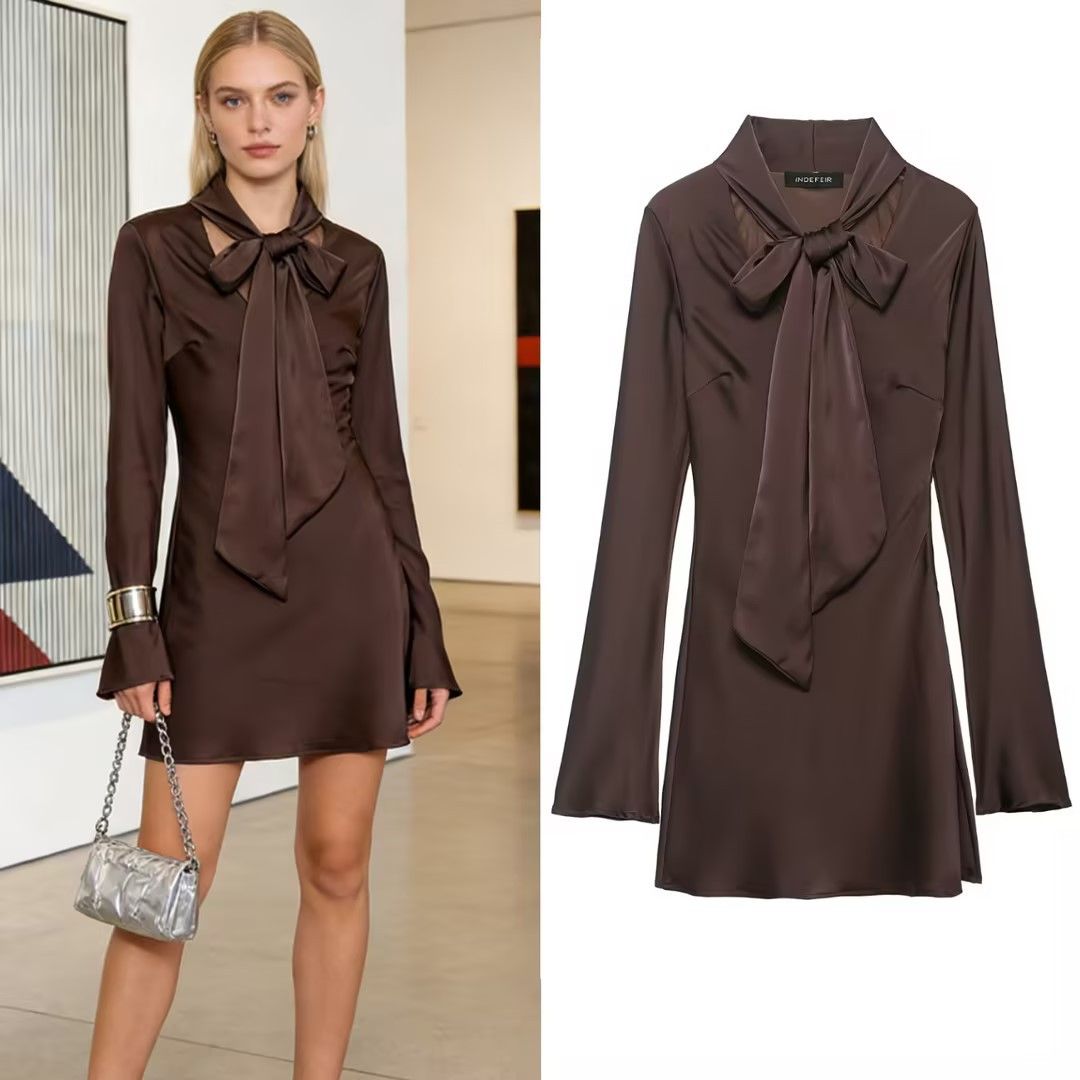 Women's Clothing Women's European American Style Silk Scarf V Neck Long Sleeve Short Dress Early Spring For Formal & Casual_ecoleips.com