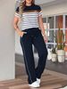 Women's Casual Two Piece Set Spring/Summer Collection Color Blocked Short Sleeve Top with Drawstring Trousers Homey Feel_ecoleips.com