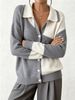 Gray White Patchwork Lapel Knit Cardigan Women Loose Long Sleeve Button Front Sweater_ecoleips.com