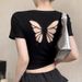 Fashion Women T-shirt Short Sleeve O Neck Solid Slim Fit Ladies Crop Top Butterfly Hollow Backless For Casual Tops Summer 2024_ecoleips.com