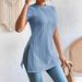 Ribbed Knit Short Sleeve Top With Side Slit, Elegant Casual Crewneck T-Shirt For Women, Spring Summer Basic_ecoleips.com