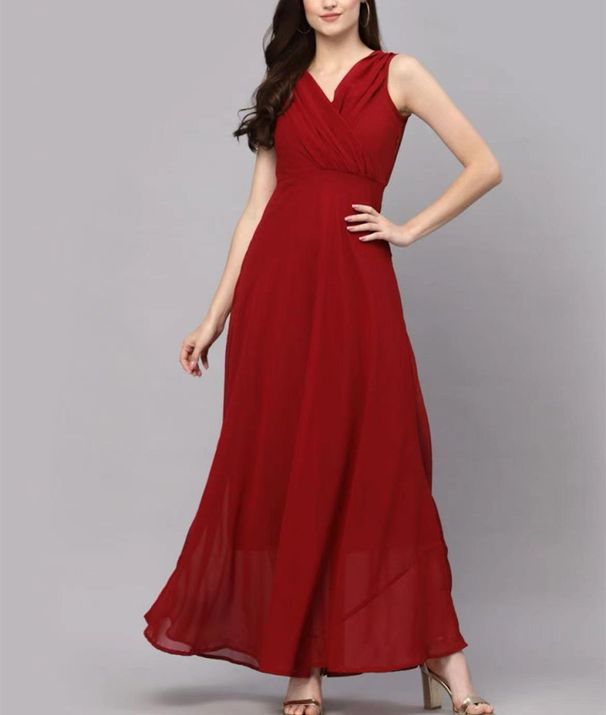 Women's V-neck Solid Color Dress Evening Gown Long Chiffon Sleeveless_ecoleips.com