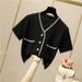 Summer New Women's Elegant Short Knitted Cardigan V Neck Short Sleeved Thin Jacket Woven Top_ecoleips.com