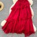 Red Strapless Resort Style Dress for Women High End Feel Pleated Waist French Style Irregular Ruffled Hem_ecoleips.com
