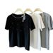 2025 Summer New Slimming And Versatile Jewelry Inlaid Round Neck Casual Short Sleeved T-Shirt Women's Design_ecoleips.com