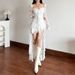 Women's High Waist Lace Patchwork Dress European American Style Solid Color Square Neck Long Sleeve Autumn Fashion 2024_ecoleips.com