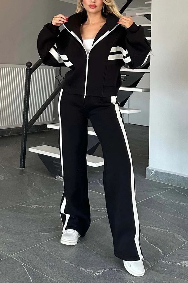 Y2K Women's Striped Zipper Top Jacket Casual Sports Suit Autumn Collection European And American Style Regular Fit_ecoleips.com