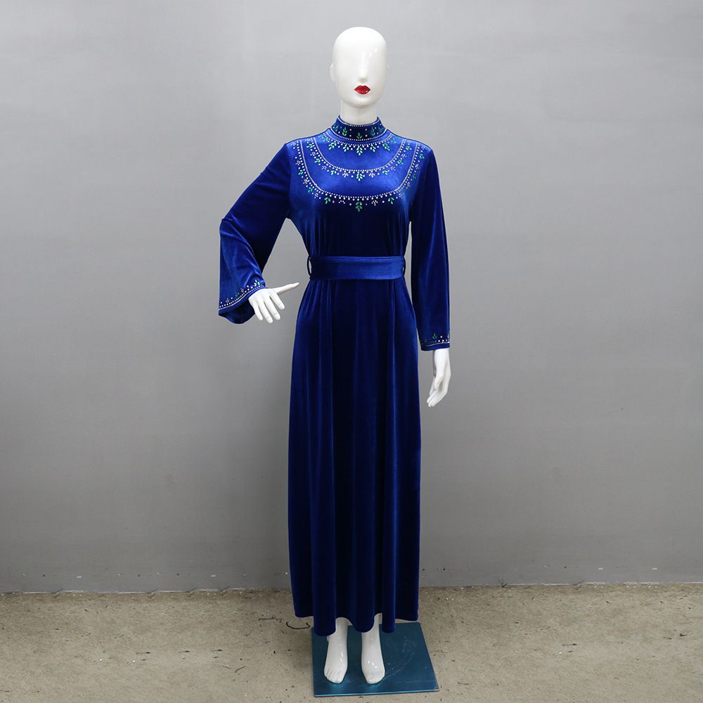 Women's Clothing Saudi Arabia Abaya Robe Velvet Zipper Green Water Drop Diamond Middle Eastern Dress_ecoleips.com
