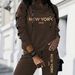 Women's Casual Hooded Pant Set Long Sleeved Top With Gold New York Logo Print And Side Stripes Spring/Autumn Summer_ecoleips.com