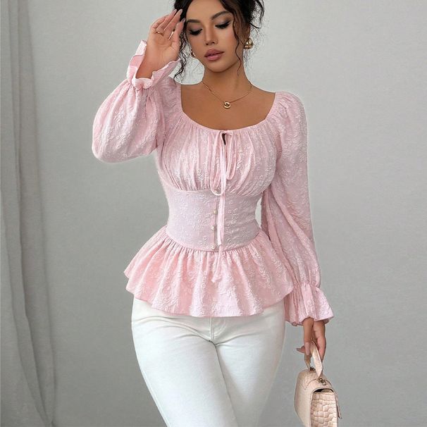 Women's Clothing Women's Style Long Sleeved Shirt U Neck Tie Waist Top New Autumn Design For Formal & Casual For Women_ecoleips.com