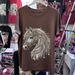 Women's Heavy Duty Rhinestone Horse Head Pattern T-Shirt Round Neck Short Sleeve Loose Fit Versatile Fashionable Top New Retro Design_ecoleips.com