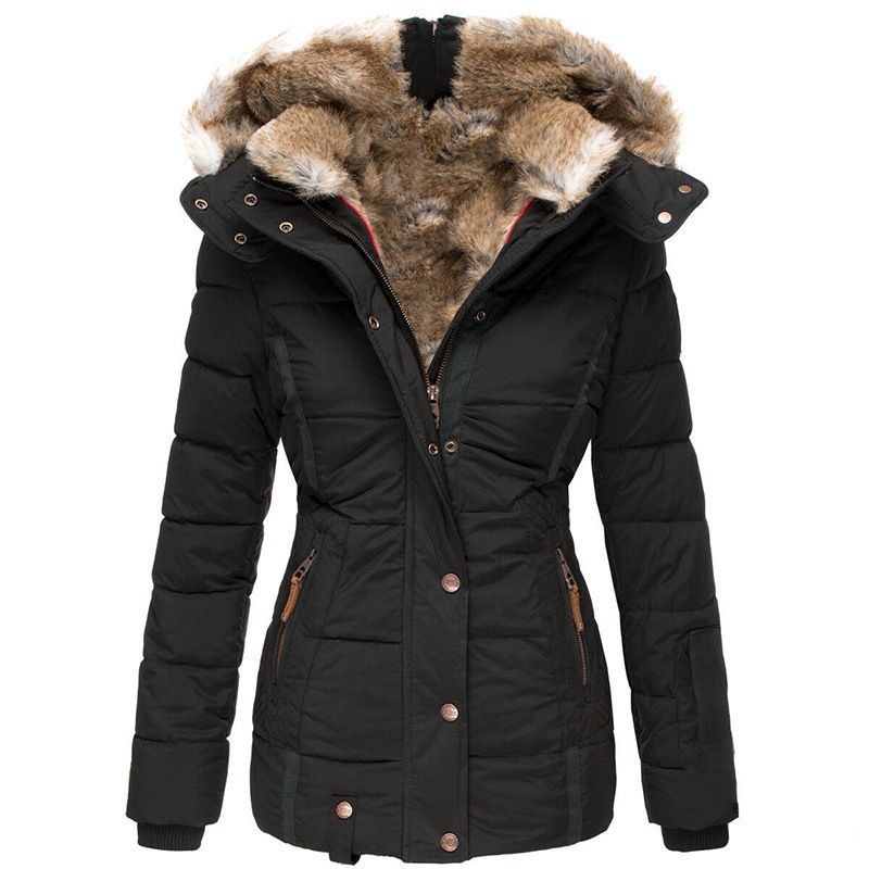 Women's Winter Fleece-Lined Hooded Coat With Faux Fur Trim – Slim-Fit Cotton Puffer Jacket For Cold Weather (Pink/Red/Black/Army Green/Blue/Beige)_ecoleips.com