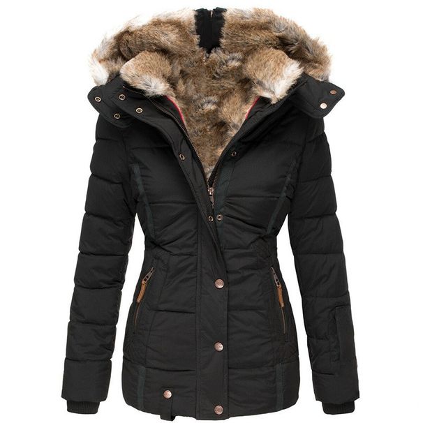 Women's Winter Fleece-Lined Hooded Coat With Faux Fur Trim – Slim-Fit Cotton Puffer Jacket For Cold Weather (Pink/Red/Black/Army Green/Blue/Beige)_ecoleips.com