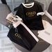 Women's Gold Gradient Letter Print Pant Set Casual Short Sleeve Crew Neck T-Shirt Top with Loose Wide Leg Pants Two-Piece Outfit_ecoleips.com