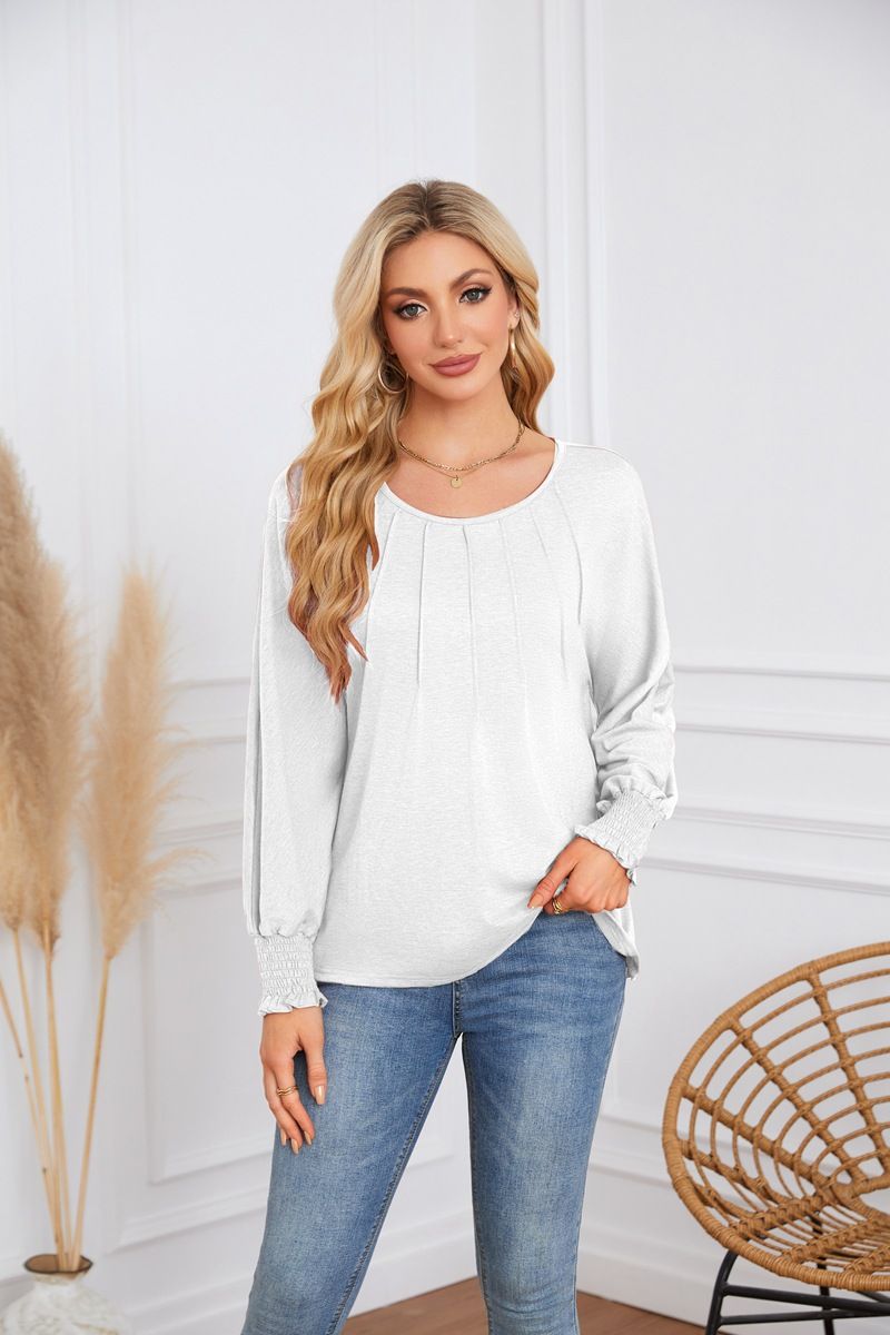 2025 Autumn And Winter Women's Round Neck Pleated Long Sleeved Casual Top T-shirt_ecoleips.com