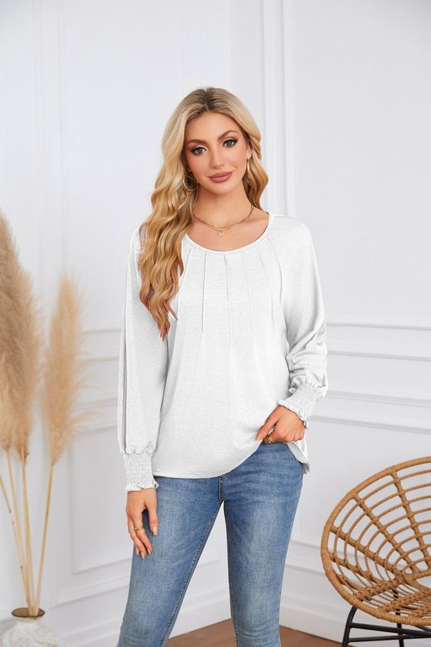 2025 Autumn And Winter Women's Round Neck Pleated Long Sleeved Casual Top T-shirt_ecoleips.com