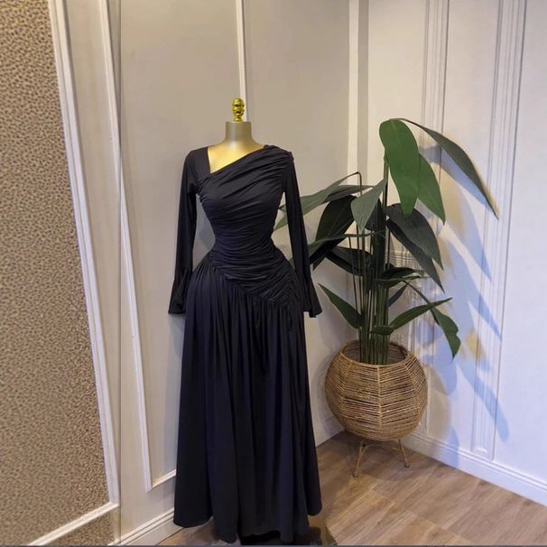 European And American Style Women's Long Dress with Long Sleeves Pleated Asymmetrical Neckline Elegant Sweet Design_ecoleips.com