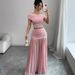 Women's Clothing 2025 Summer New Solid Color Off-Shoulder Top With Waist-Cinching Pleated Patchwork Skirt Two-Piece Set_ecoleips.com