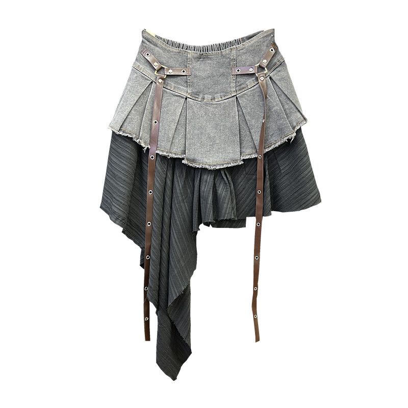 Patchwork Denim Pleated For Women, Summer New Fashionable High-Waisted Slimming A-Line Short Skirt_ecoleips.com