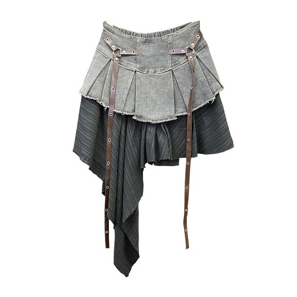 Patchwork Denim Pleated For Women, Summer New Fashionable High-Waisted Slimming A-Line Short Skirt_ecoleips.com