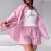 Pink Striped Long Sleeve Shorts Loose Pajamas Two-Piece Set European And American Autumn New Women's Homewear_ecoleips.com