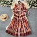 Women's Clothing Retro Style Palace Print Lapel Lantern Sleeve Waist Single Breasted Dress Female Slim Elegant Long Skirt_ecoleips.com