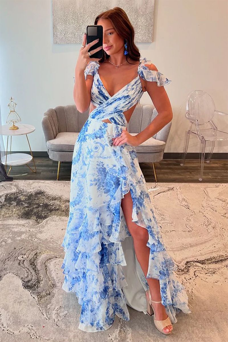 Women's Clothing Sexy New Sexy V Neck Backless Ruffled High Slit Suspender Skirt_ecoleips.com