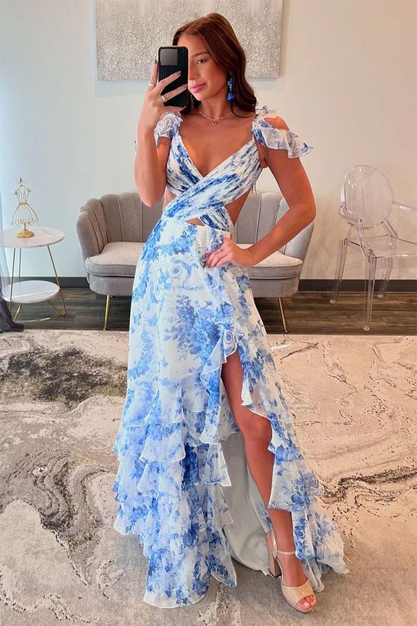 Women's Clothing Sexy New Sexy V Neck Backless Ruffled High Slit Suspender Skirt_ecoleips.com