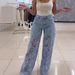 high waist wide leg pants for women, lace patchwork denim trousers, lightweight flowy summer casual loose fit_ecoleips.com
