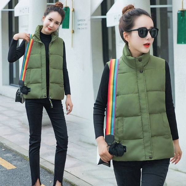 Korean-Style Quilted Puffer Vest For Women – Lightweight Winter Layering Piece With Stand Collar (M-XXXL, White/Black/Red/Pink/Army Green/Gray)_ecoleips.com
