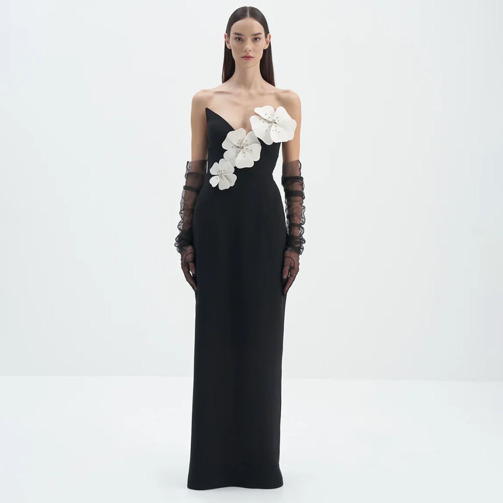 Women's Clothing Elegant Women's Strapless Floral Slit Dress V Neck High-End Style Summer Black Formal Wear_ecoleips.com