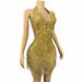 Luxurious Deep V Halter Neck Backless Mini Dress Gold Rhinestone Tassel Sexy Women's Party Wear For Cocktail Performances_ecoleips.com
