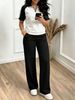 Women's Casual Two-Piece Set Summer New Lapel Zipper Contrast Short Sleeve Top With Elastic Waist Wide Leg Pants Outfit_ecoleips.com