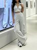 Women's Clothing Spring Summer Two Piece Set Collared Zip Up Cropped Sleeveless Top Elastic Waist Cargo Pants_ecoleips.com