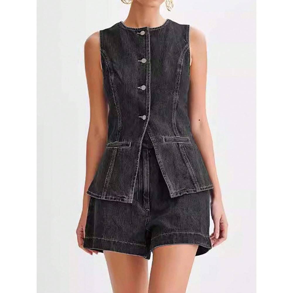 Best-selling Trendy Denim Sleeveless Top And Shorts Set For Europe And America_ecoleips.com
