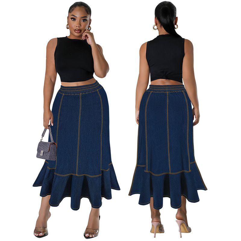 Women's Clothing Plus Size Women's Denim Long Skirt With Elastic Waist Fashion For Formal & Casual For Women_ecoleips.com