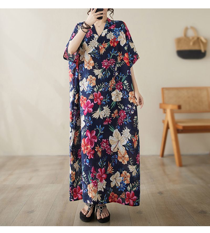 Real Shot Of 2024 Summer V-neck Cotton-linen Plus-size Loose-fitting Artistic Vacation-style Beach Dress, Vintage_ecoleips.com