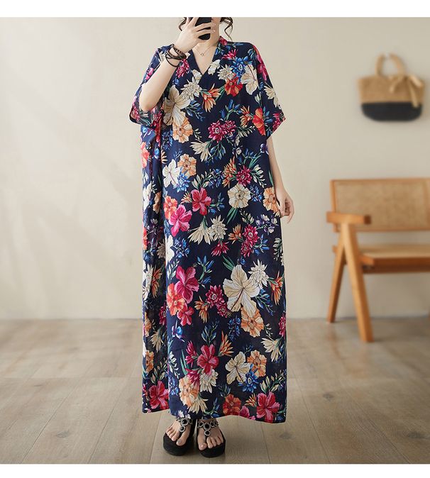 Real Shot Of 2024 Summer V-neck Cotton-linen Plus-size Loose-fitting Artistic Vacation-style Beach Dress, Vintage_ecoleips.com