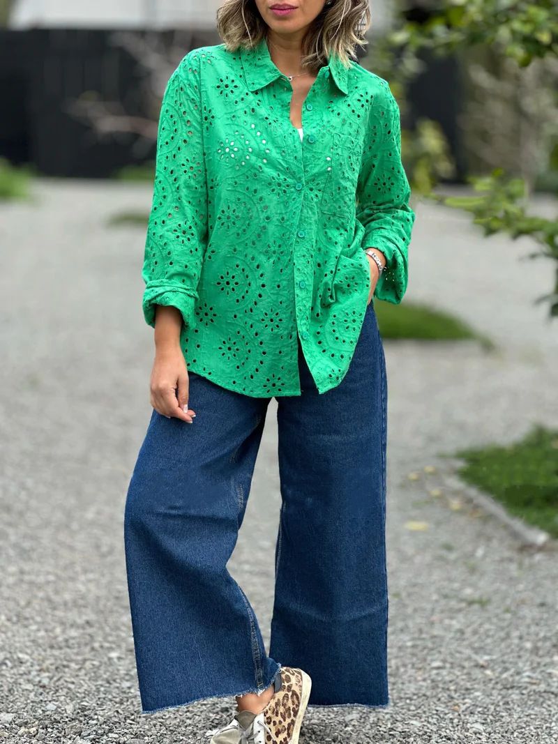 Women's Solid Color Shirt Collar Top Loose Fit Large Size with Hollow Embroidery Detail European And American Style Spring Autumn_ecoleips.com