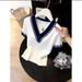 Fashionable Short Sleeve Knit Top For Women - Stylish Color Block Design, Breathable Lyocell Fabric, Casual & Office Wear (White, Blue, S-XL)_ecoleips.com