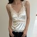 Women's Sleeveless Camisole Top Bow Tie V Neck Lace Slim Fit Pure Sexy Patchwork Solid Color Hot Girl Outerwear Vest_ecoleips.com