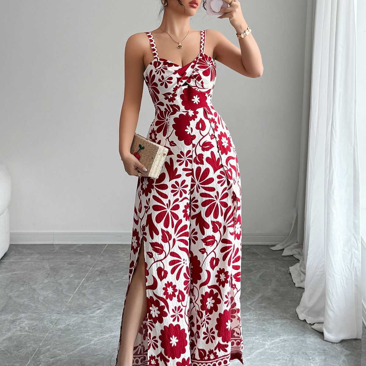 Women's Clothing Spring And Summer Temperament Elegant Twisted Print Suspenders Wide Leg Jumpsuit Long Pants Women's Clothing_ecoleips.com