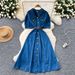 Women's Clothing Summer New Style Light Mature Niche Puff Sleeve Single Breasted Waist Denim Dress Female Slim Long Skirt_ecoleips.com