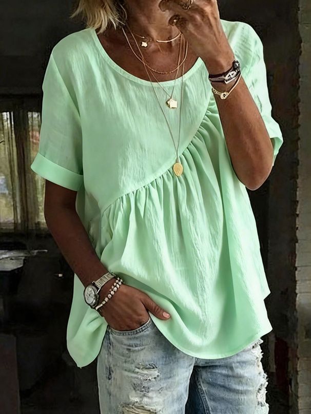 Women's Solid Color Round Neck Short Sleeve Ruffled Top T-Shirt Spring/Summer New Clothing_ecoleips.com
