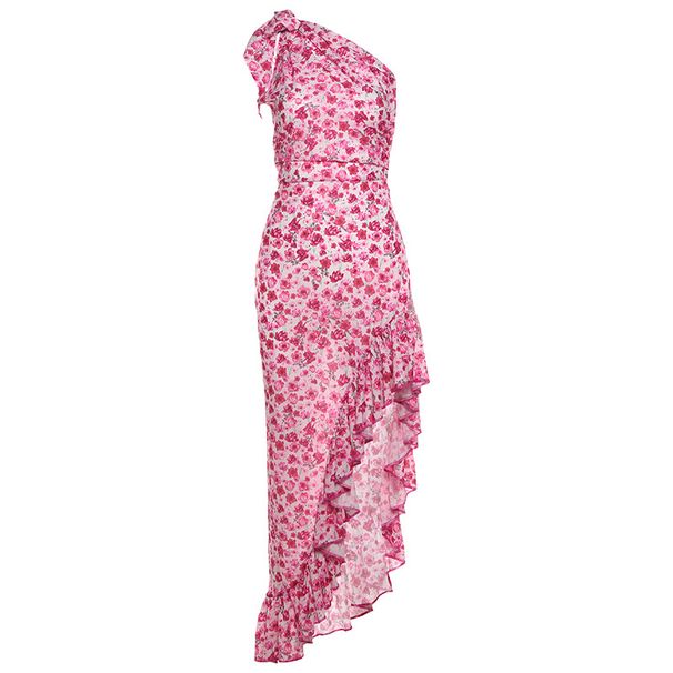 Summer New Women's French Small Floral Print Dress American Style Off Shoulder Long Side Slit Tie Dress For Sexy Look_ecoleips.com