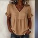 Women's Clothing Summer New Style Pleated Loose V Neck Bell Sleeve Shirt Solid Color Fashionable Design_ecoleips.com