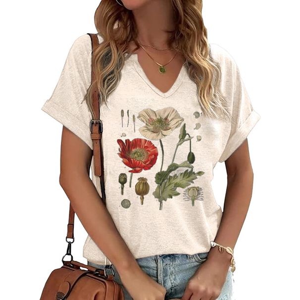 PUCKOLITY Vintage Flowers V Neck Shirt For Women Boho Floral Wildflowers Graphic Tee Casual Cottagecore Summer T Shirt_ecoleips.com