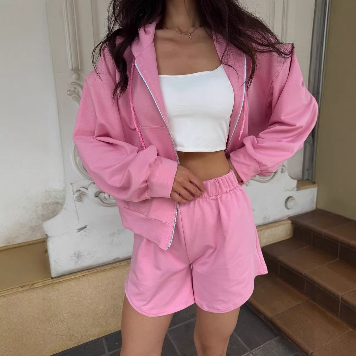 Women's Summer Casual Two Piece Set Long Sleeved Hooded Jacket And Shorts European American Style Fashionable Clothing_ecoleips.com