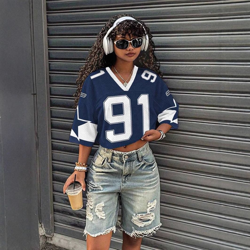 Women's V Neck Short Sleeve T-Shirt Loose Fit Summer Top European American Style Y2K Fashion College Look Cross Border Wholesale_ecoleips.com