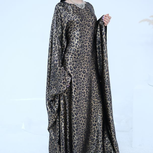 Women's Clothing Elegant Batwing Sleeve Leopard Print Maxi Dress With Scarf - Polyester Flowy Long Dress For Women, Office & Casual Wear_ecoleips.com